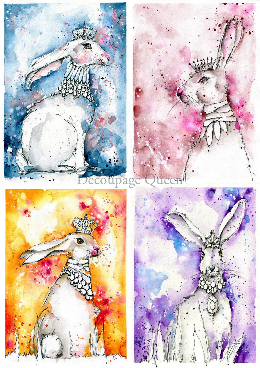 Decoupage Queen, Rice Paper, 2024 Spring Release, Easter, Toni Burt, Hares, 4 pack, water color, Rabbits, Crowns, 0540, A4 8.3" X 11.7" Decoupage Queen