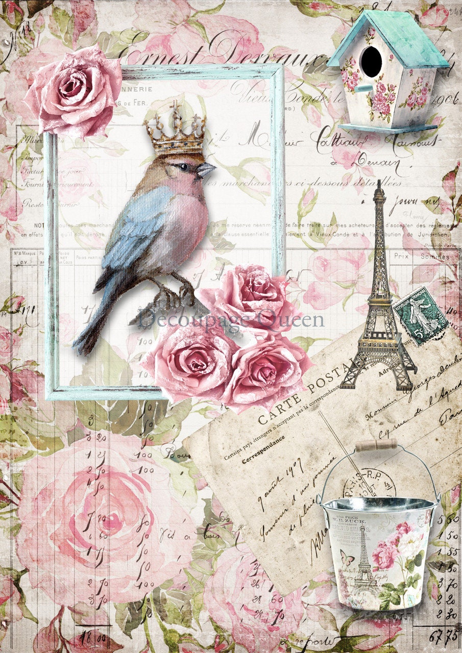 Decoupage Queen, Rice Paper, 2024 Spring Release, Blue Birds, Crowned, Roses, Paris, Eifel Tower, Paris, 0556, A4 8.3" X 11.7"