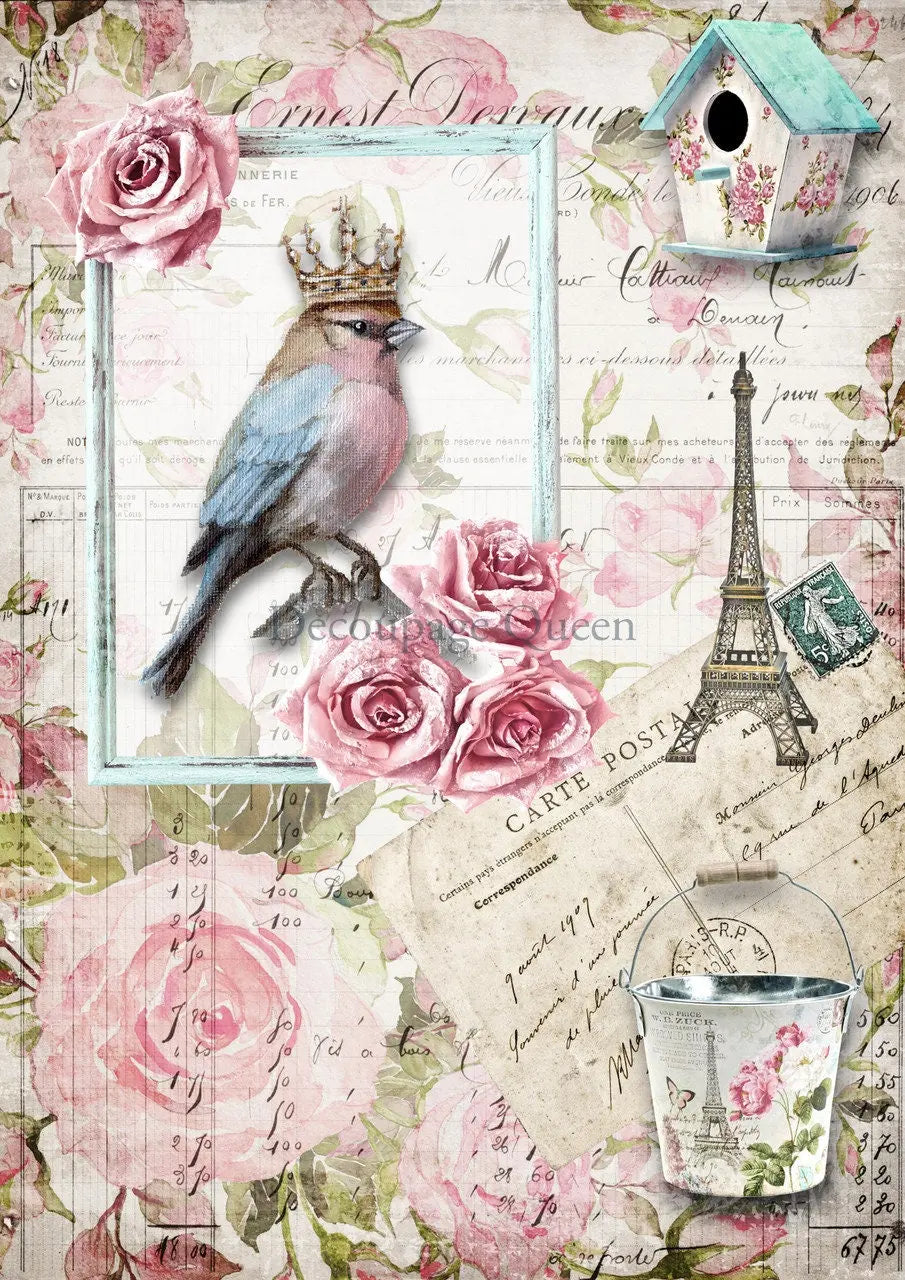 Decoupage Queen, Rice Paper, 2024 Spring Release, Blue Birds, Crowned, Roses, Paris, Eifel Tower, Paris, 0556, A4 8.3" X 11.7" Decoupage Queen