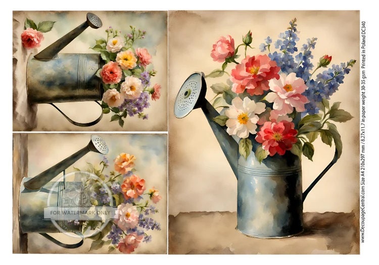 Decoupage Central, Rice Paper, Vintage, Spring, Floral, Watering Can, Squares, Flowers, Shabby Chic, DC340, Mixed Media, A4 8.27x11.69