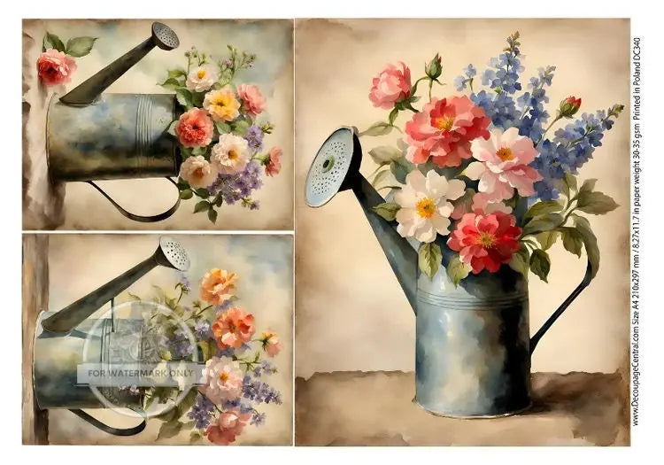 Decoupage Central, Rice Paper, Vintage, Spring, Floral, Watering Can, Squares, Flowers, Shabby Chic, DC340, Mixed Media, A4 8.27x11.69 Decoupage Central