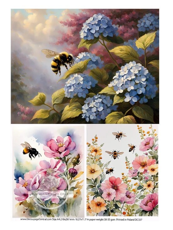 Decoupage Central, Victorian, Hydrangeas, Shabby chic, Squares, Bees, Flowers, DC337, Rice Paper, Mixed Media, A4 8.27 X 11.69 in