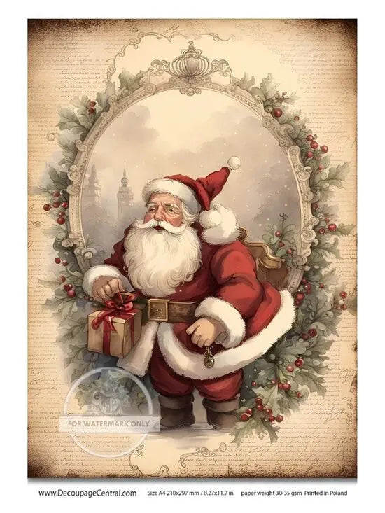 Decoupage Central, Christmas, Santa, Wreath, Holiday, Decoration, DC125, Rice Paper, Decoupage, Mixed Media, A4 8.27x11.69 in Decoupage Central