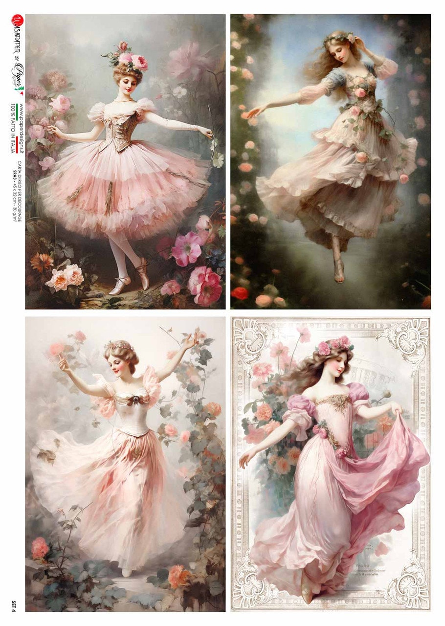 Paper Designs, Special Release, Ballerinas, Roses, 4 Pack, Shabby Chic, Vintage Style, Rice Paper, Decoupage, Mixed Media, A4 8.3" X 11.7"
