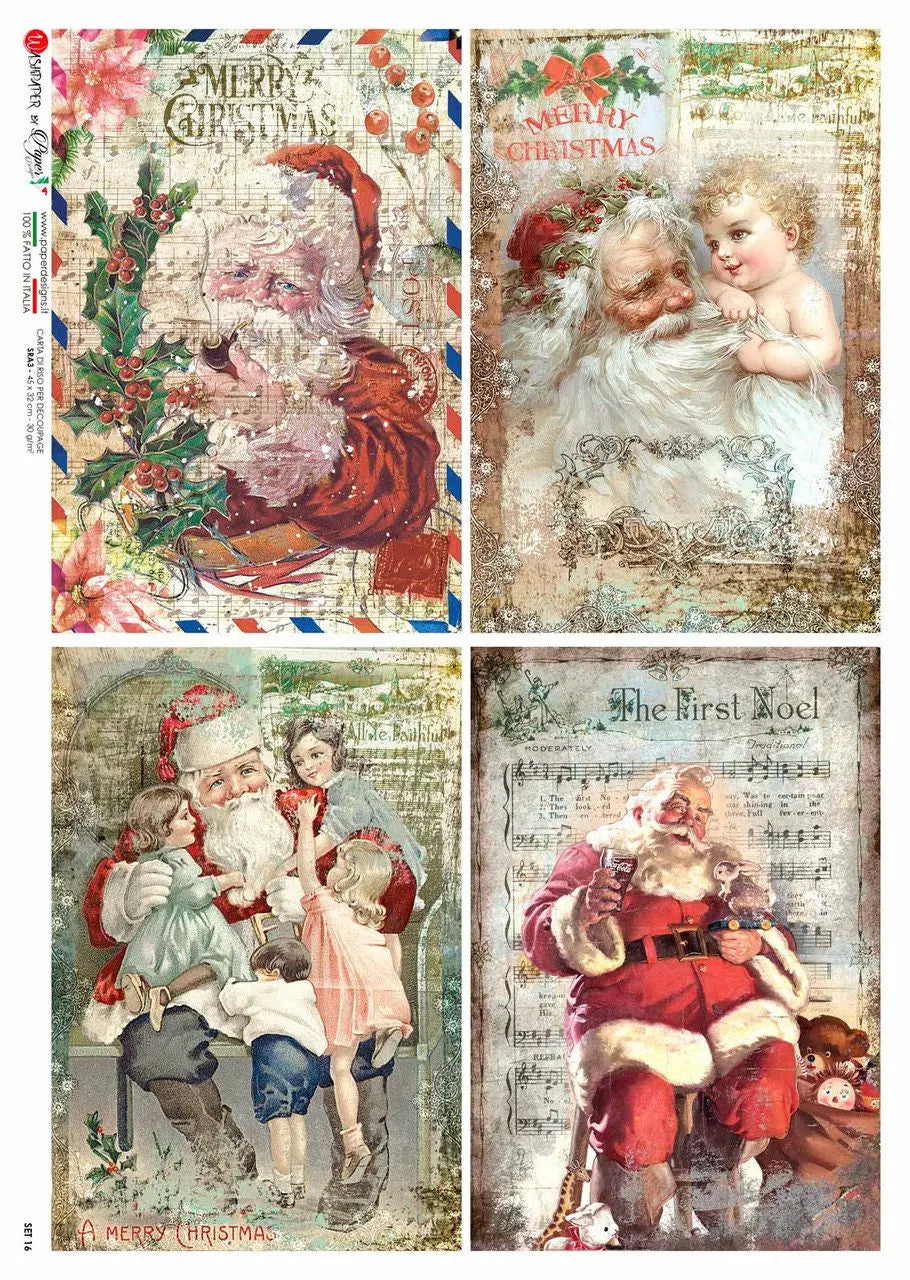 Paper Designs, Christmas, Special Release, Vintage Style, Nostalgic, Santa Claus, 4 pack Squares, A4 8.3" X 11.7" Rice Paper for Decoupage Paper Designs