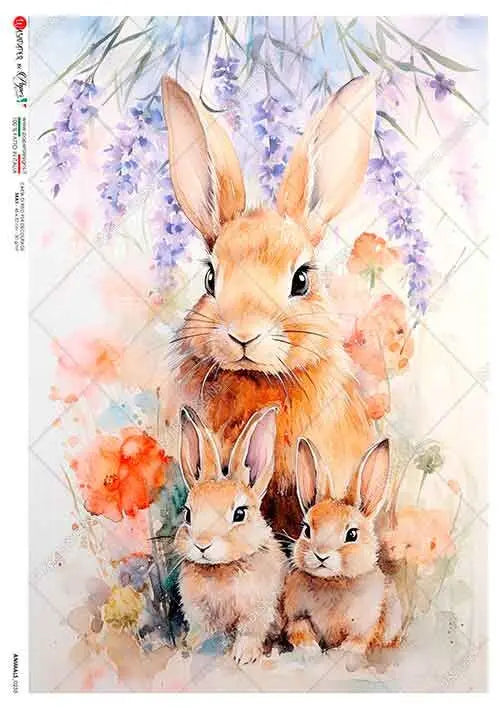 Paper Designs, 2024 Spring Release, Lavender Floral Bunny Family, Easter, Rabbits, Rice Paper, Decoupage, Mixed Media, 0233 A4 8.3" X 11.7" Paper Designs