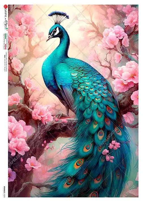 Paper Designs, 2024 Spring Release, Bright, Floral, Peacock, Rice Paper, Decoupage, Mixed Media, 0235 A4 8.3" X 11.7" Paper Designs