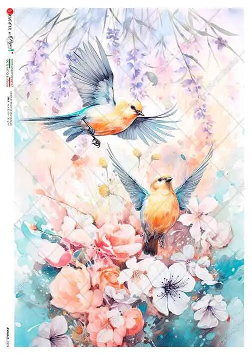 Paper Designs, 2024 Spring Release, Floral Flying Birds, Water Color, Rice Paper, Decoupage, Mixed Media, 0239 A4 8.3" X 11.7" Paper Designs
