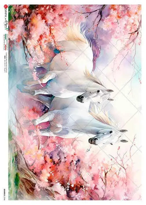 Paper Designs, 2024 Spring Release, Two White Horses, Pink Flowers, Water Color, Rice Paper, Decoupage, Mixed Media, 0246 A4 8.3" X 11.7" Paper Designs