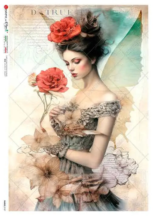 Paper Designs, 2024 Spring Release, Fairy with a Rose Rice Paper, Decoupage, Mixed Media, 0107, A4 8.3" X 11.7" Paper Designs
