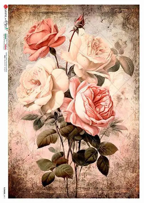 Paper Designs, 2024 Spring Release, Vintage Pink and White Rose Bouquet, Rice Paper, Decoupage, Mixed Media, 0411 A4 8.3" X 11.7" Paper Designs