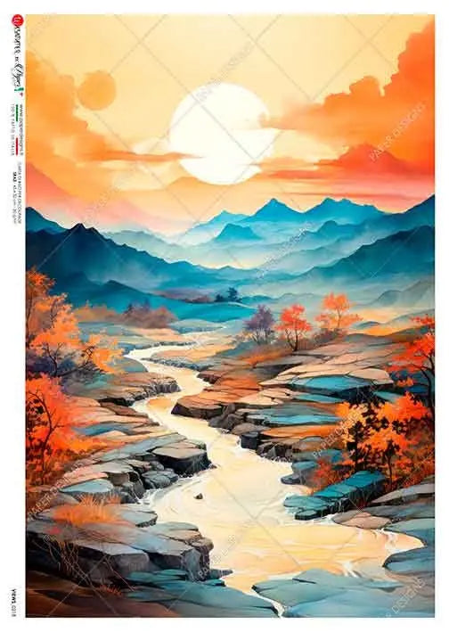 Paper Designs, 2024 Release, Desert Stream, Views, Landscape, Sunrise, Stream, 0218, A4 8.3" X 11.7" Rice Paper for Decoupage Paper Designs