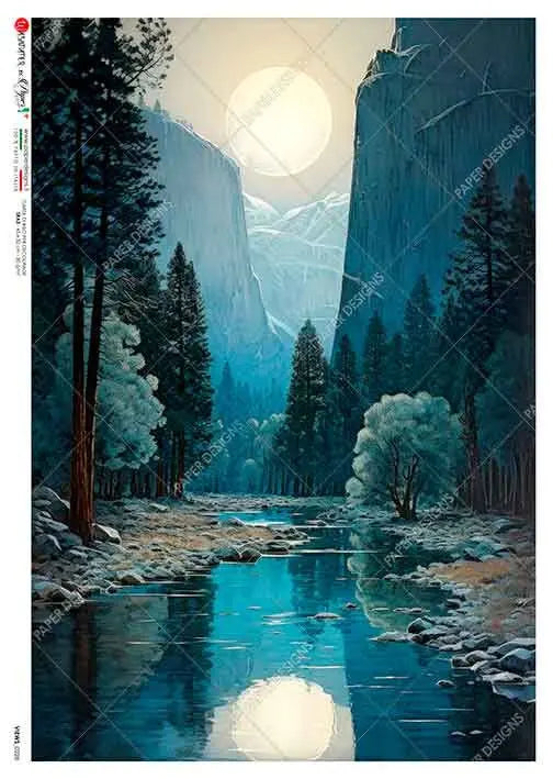 Paper Designs, 2024 Release, Peace in the Canyon, Lake, Forest, Sunrise, Sunset, Blue, 0228, A4 8.3" X 11.7" Rice Paper for Decoupage Paper Designs