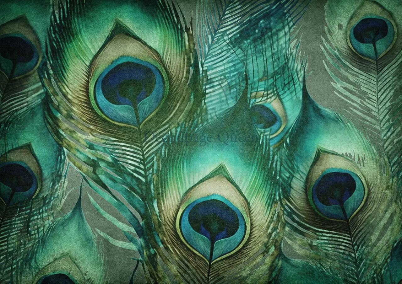 Decoupage Queen, Rice Paper, 2024 Spring Release, Peacock Feathers, Background, Wallpaper, Blue, Green, 0565, A4 8.3" X 11.7" Decoupage Queen