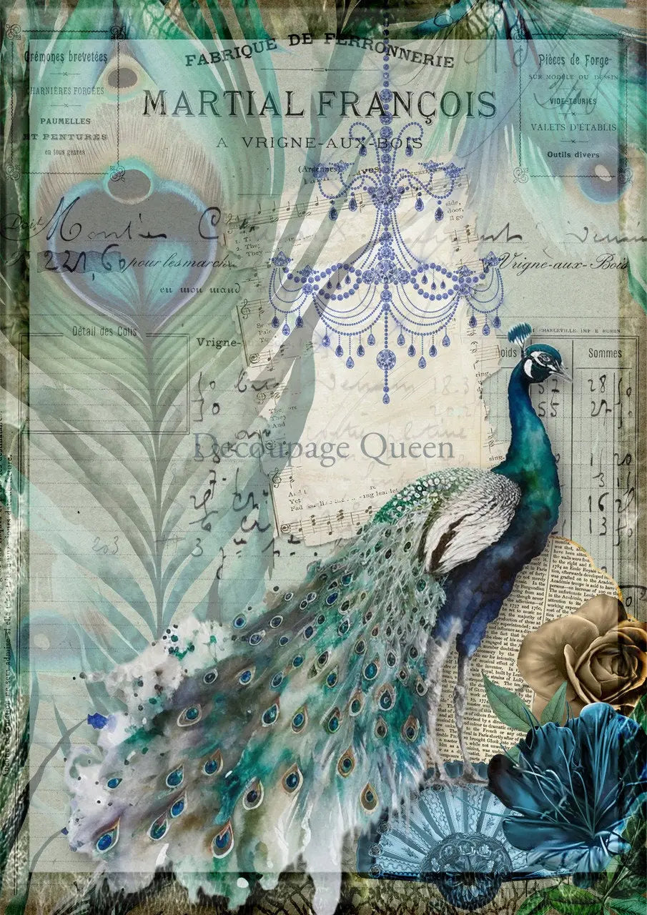 Decoupage Queen, Rice Paper, 2024 Spring Release, Peacock, Feather, Chandelier, Vintage Style, 0563, A4 8.3" X 11.7" Decoupage Queen