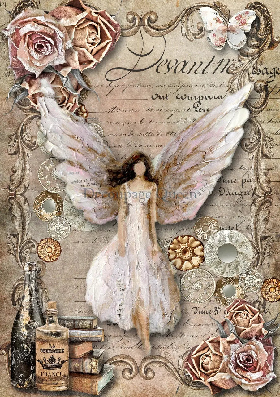 Decoupage Queen, Rice Paper, 2024 Spring Release, Hand Painted, Angel, Roses, Shabby Chic, 0552, A4 8.3" X 11.7" Decoupage Queen