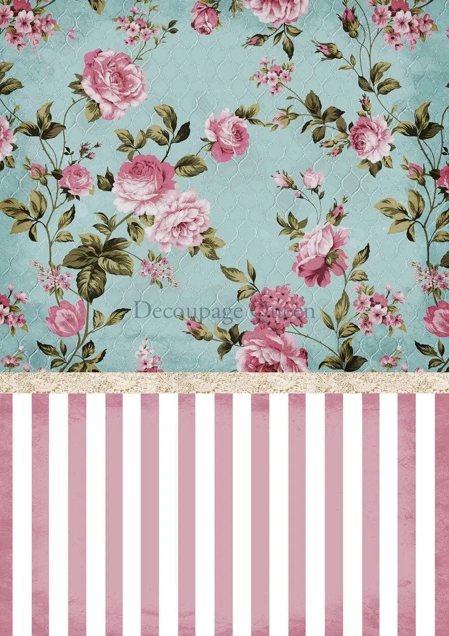 Decoupage Queen, Rice Paper, 2024 Spring Release, Pink White Stripe, Background, Roses, Turquoise, Shabby Chic, 0550, A4 8.3" X 11.7" Decoupage Queen