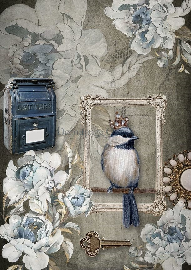 Decoupage Queen, Rice Paper, 2024 Spring Release, Blue Bird, Crowned, Flowers, Letters, Vintage Frame, Mail Box, 0557, A4 8.3" X 11.7"