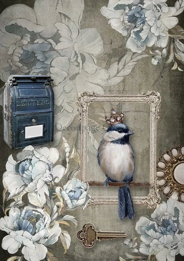 Decoupage Queen, Rice Paper, 2024 Spring Release, Blue Bird, Crowned, Flowers, Letters, Vintage Frame, Mail Box, 0557, A4 8.3" X 11.7" Decoupage Queen