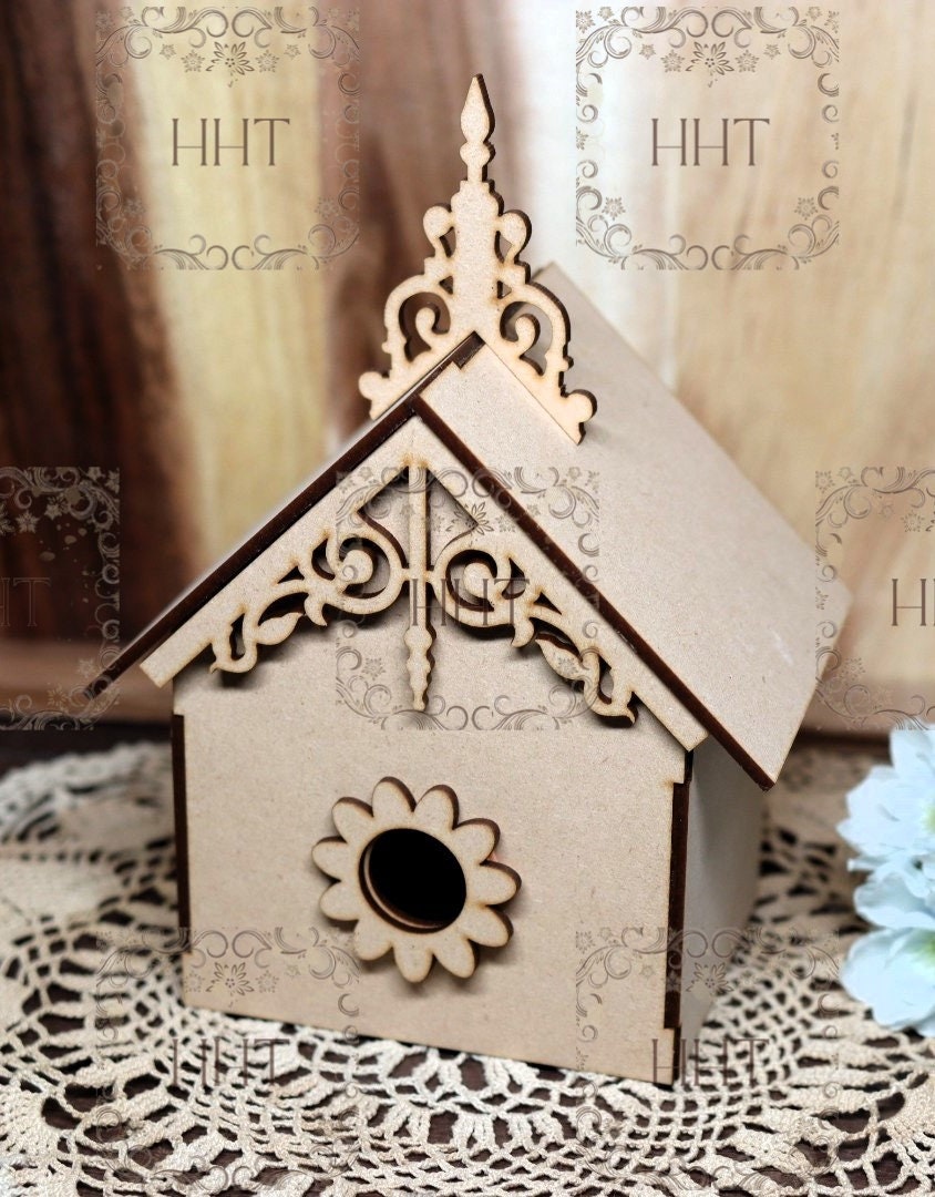 Laser Cut MDF, Bird House, Craft, Base, Blank, Canvas, Decoupage, Mixed Media, Paintable, 11 pc, 6"w x 4"l x 6"h, Decorative, Buildable Kit