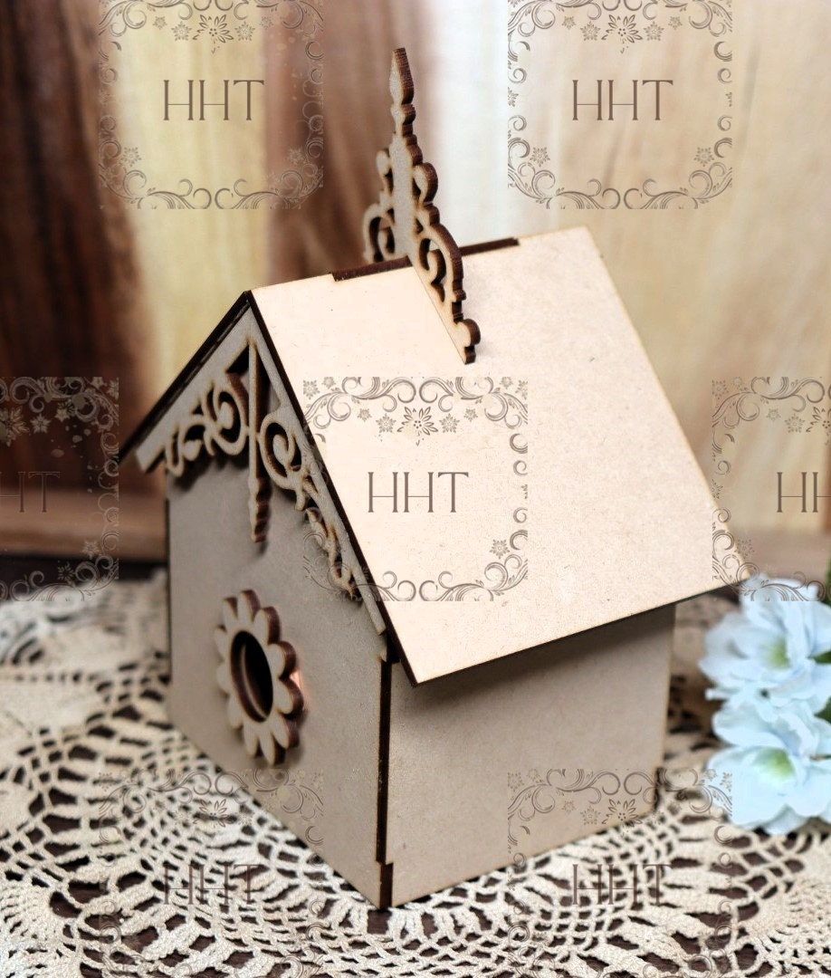 Laser Cut MDF, Bird House, Craft, Base, Blank, Canvas, Decoupage, Mixed Media, Paintable, 11 pc, 6"w x 4"l x 6"h, Decorative, Buildable Kit