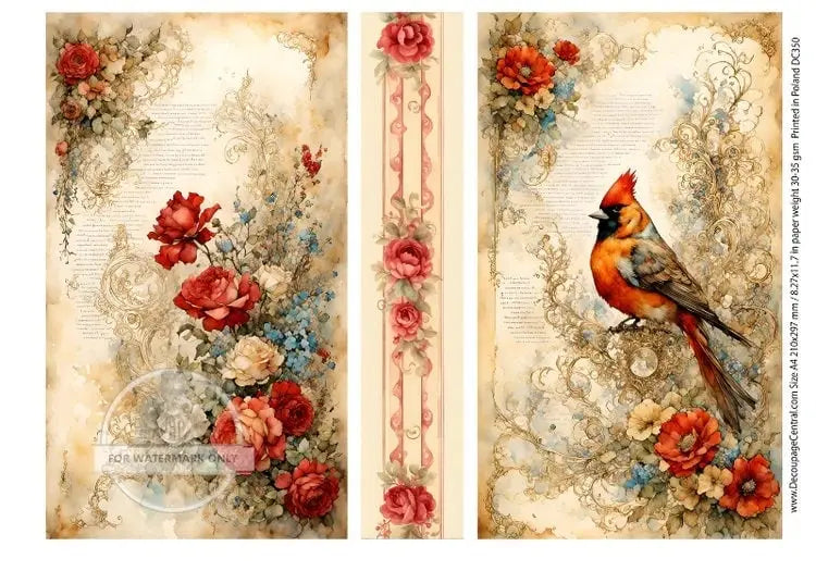Decoupage Central, Christmas, Cardinal, Vintage Style, Flowers, DC350, Rice Paper, Decoupage, Mixed Media, A4 8.27x11.69 Decoupage Central