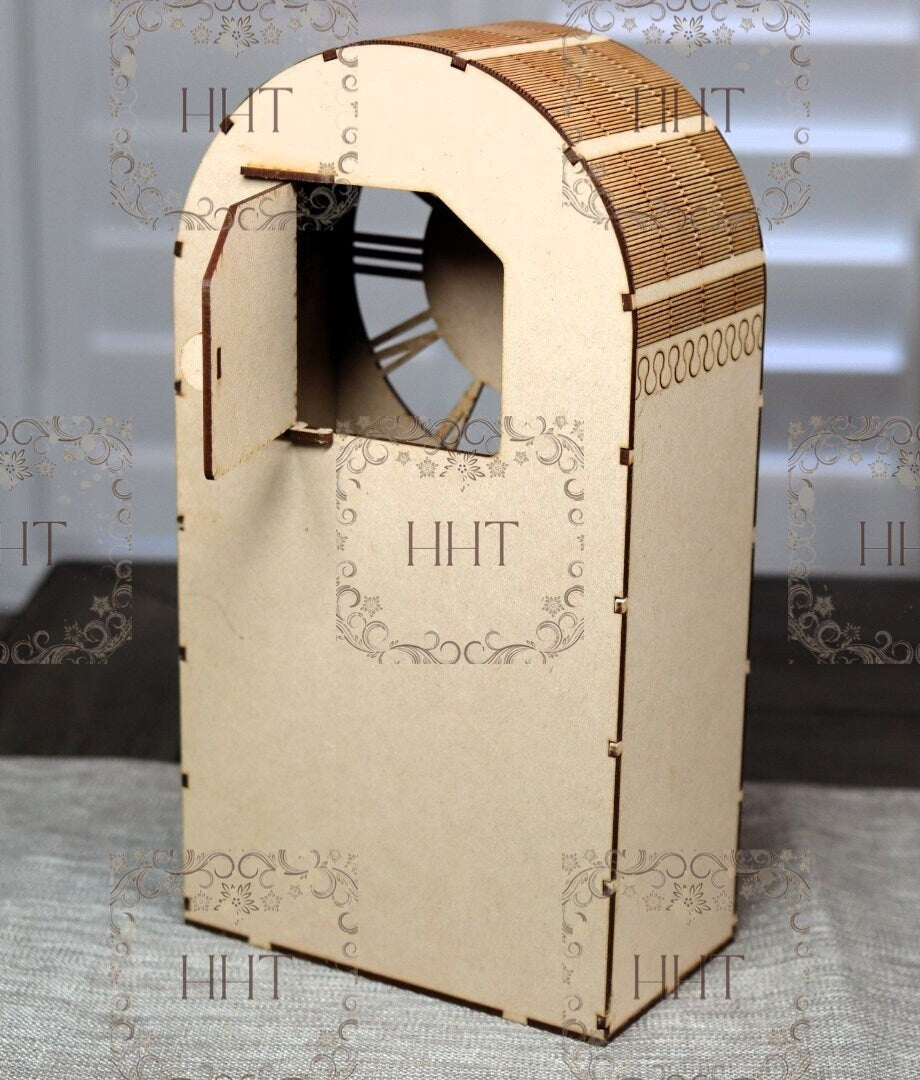 Laser Cut MDF, Mantle Clock, Buildable kit, Base, Blank, Canvas, Decoupage, Mixed Media, Paintable, Home Decor, 6 pc, 7.5" x 13.5" x 4.25"d