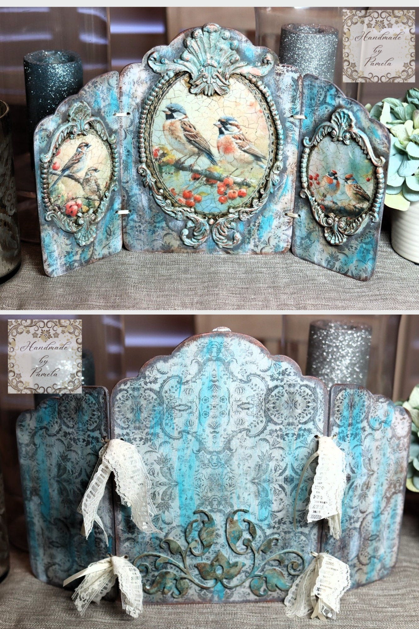 Handcrafted, Decoupage, Mixed Media, Vintage, Antique Style, Table Top Folding Screen, 3 piece Panel Art, Home Decor, Shabby Chic