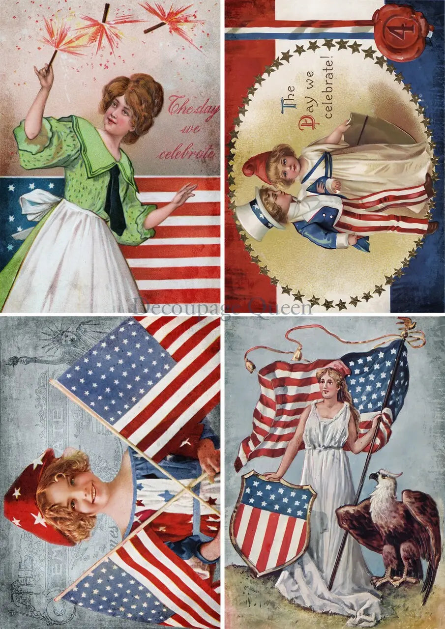 Decoupage Queen, Rice Paper, 2024 Spring Release, 4th of July, Vintage Picture 4 pack, Americana, Patriotic, 0582, A4 8.3" X 11.7" Decoupage Queen