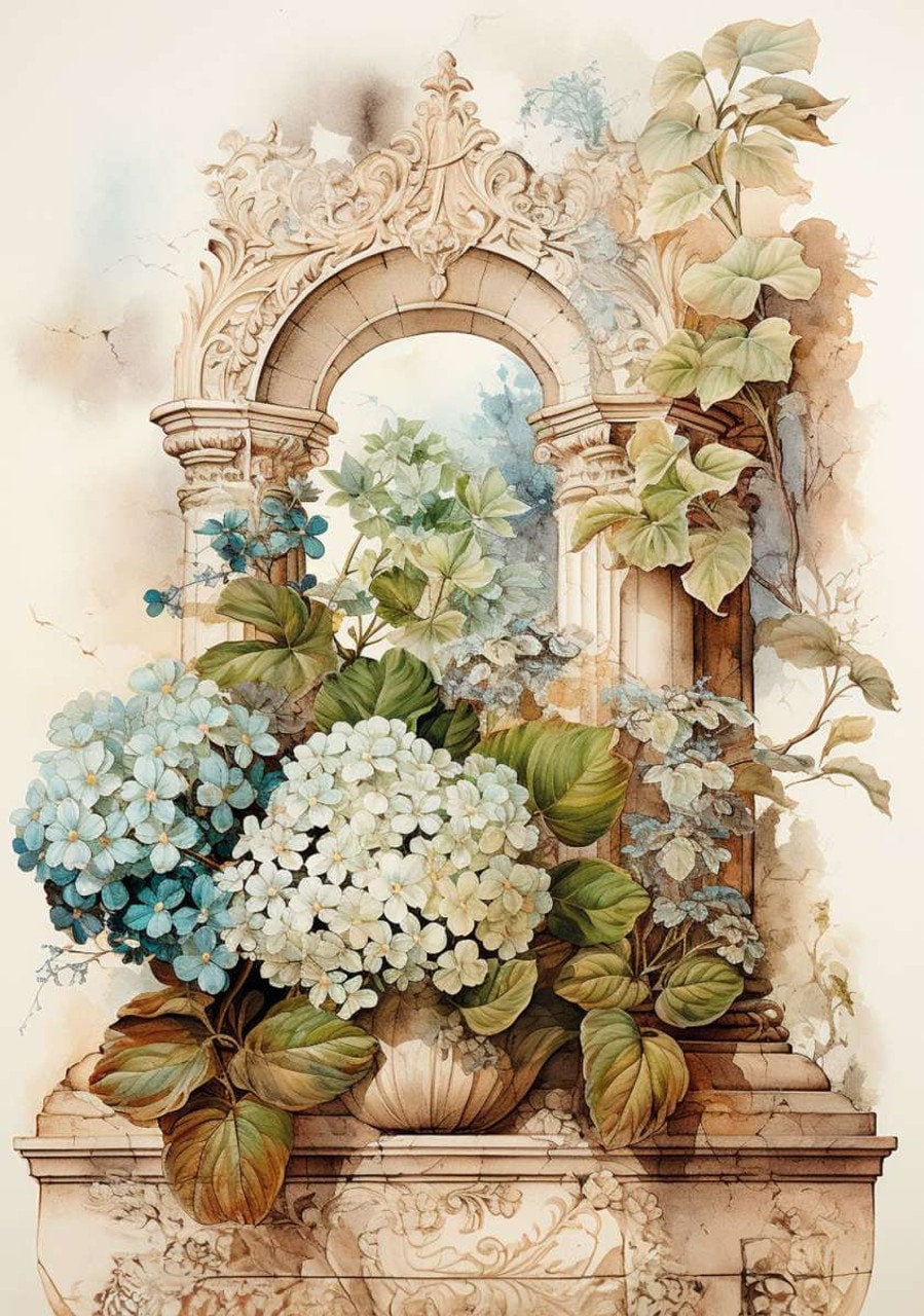 LaBlanche, 2024 Spring Release, Rice Paper, Nostalgia, Hydrangea, Entryway, Flowers, Vintage, Shabby Chic Style, LBD353, A4 8.27 X 11.69