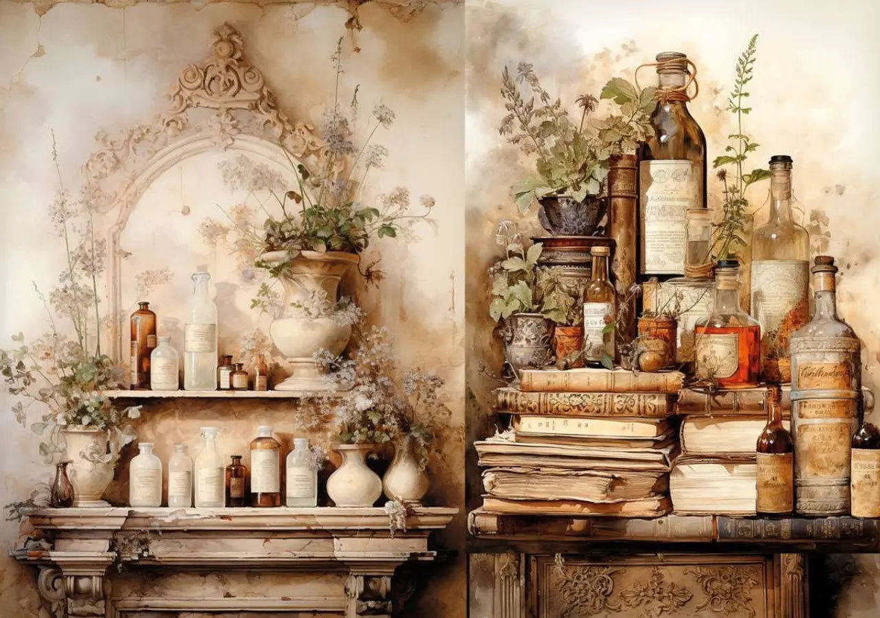 LaBlanche, 2024 Spring Release, Rice Paper, Nostalgia, Bottles, Book, Vintage, Shabby Chic Style, LBD356, A4 8.27 X 11.69 LaBlanche