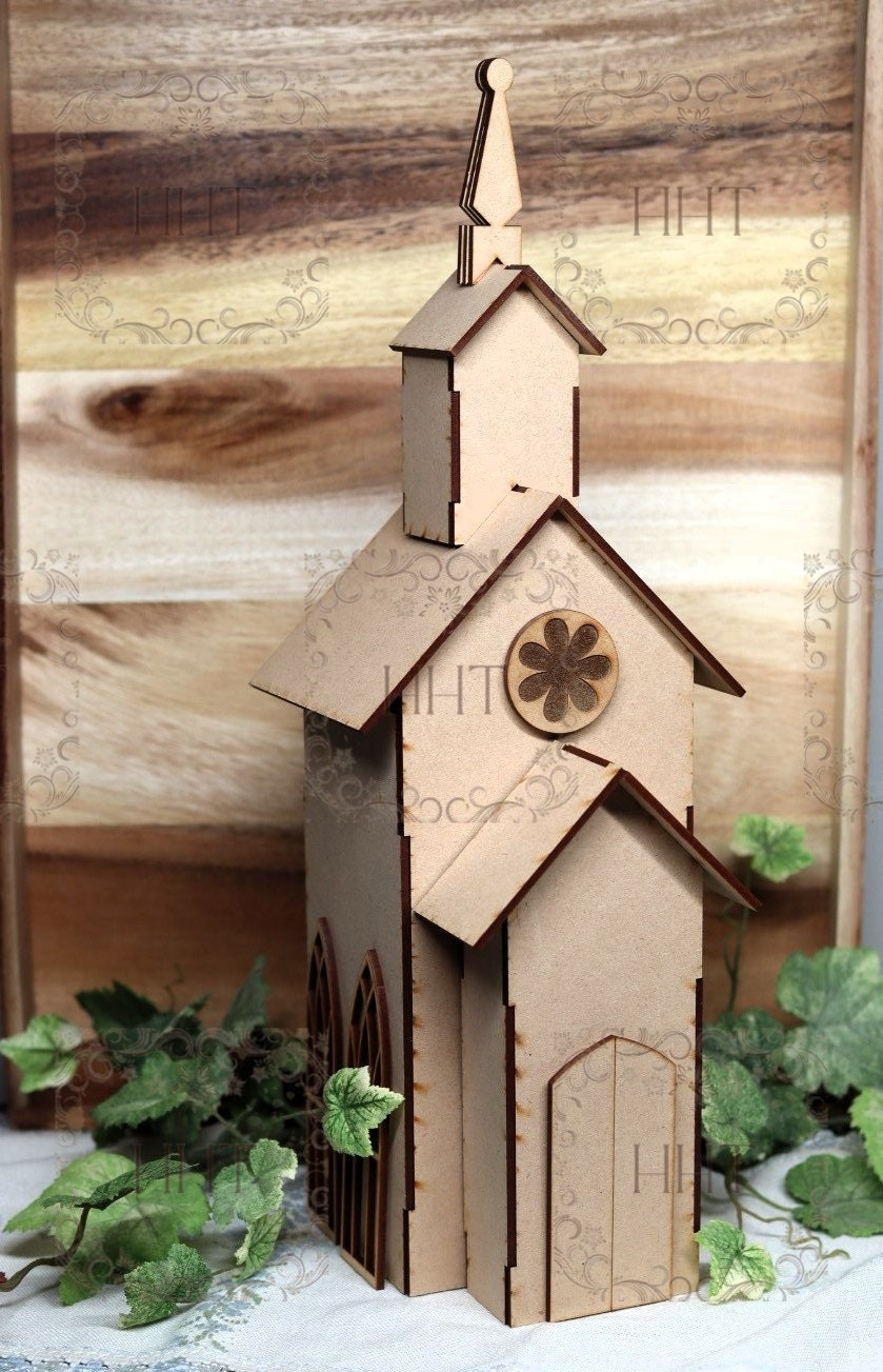 Laser Cut MDF, Country Church, Buildable, Craft, Base, Blank, Canvas, Decoupage, Mixed Media, Paintable, Home Decor, 5" x 5.5" x 17"