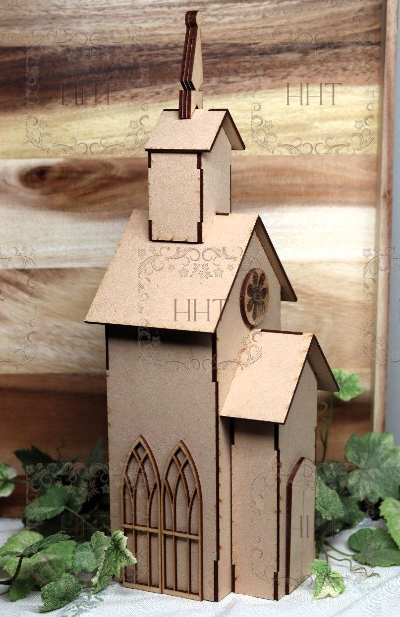Laser Cut MDF, Country Church, Buildable, Craft, Base, Blank, Canvas, Decoupage, Mixed Media, Paintable, Home Decor, 5" x 5.5" x 17"