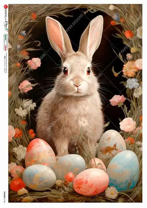 Paper Designs, 2024 Spring Release, Bunny with Easter Eggs, Easter, Water Color, Rice Paper, Decoupage, Mixed Media, 0140 A4 8.3" X 11.7" Paper Designs