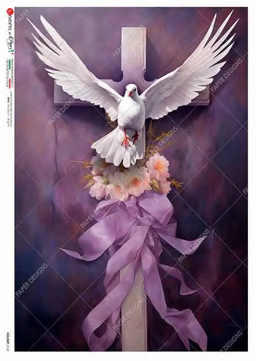 Paper Designs, 2024 Spring Release, Easter, The Cross, Dove, Purple Ribbon, Rice Paper, Decoupage, Mixed Media, 0141 A4 8.3" X 11.7" Paper Designs