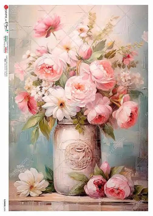 Paper Designs, 2024 Spring Release, Spring Pink Bouquet Mason Jar, Peonies, Pink, Rice Paper, Decoupage, Mixed Media, 0424 A4 8.3" X 11.7" Paper Designs