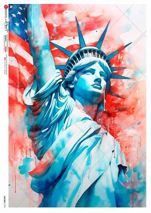 Paper Designs, 2024 Release, Watercolor, Statue of Liberty, Lady Liberty, American Flag, 0145, A4 - 8.3" X 11.7" Rice Paper for Decoupage Paper Designs