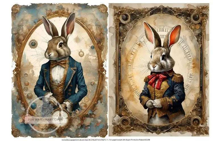 Decoupage Central, Easter, Vintage Style, Rabbits, in Napoleon Costumes, DC390, Rice Paper, Decoupage, Mixed Media, A4 8.27x11.69 Decoupage Central