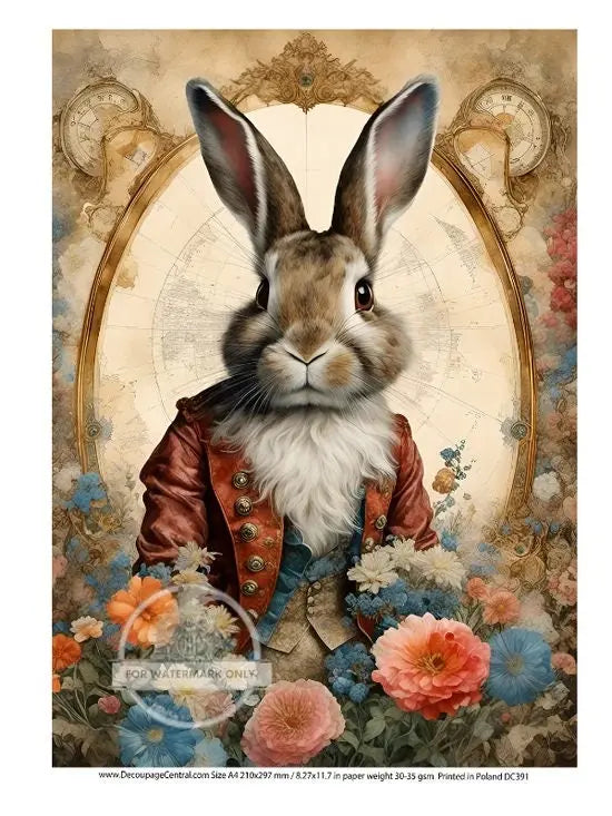 Decoupage Central, Easter, Vintage Style, Rabbit, in Napoleon Costumes, DC391, Rice Paper, Decoupage, Mixed Media, A4 8.27x11.69 Decoupage Central
