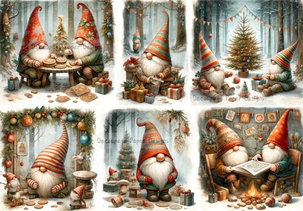 Decoupage Creatives, Rice Paper, Mixed Media, Christmas, Tinkering, Gnomes, Christmas Trees, Squares, Elves, A4 8.27 X 11.69 DPD236