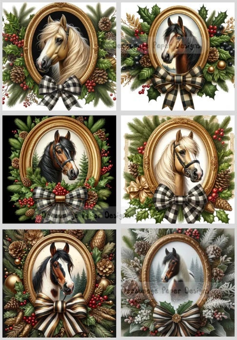Decoupage Creatives, Rice Paper, Christmas, Horse Portraits, Frames, Wreaths, Squares, Ornaments, Mixed Media, A4 8.27 X 11.69 DPD247