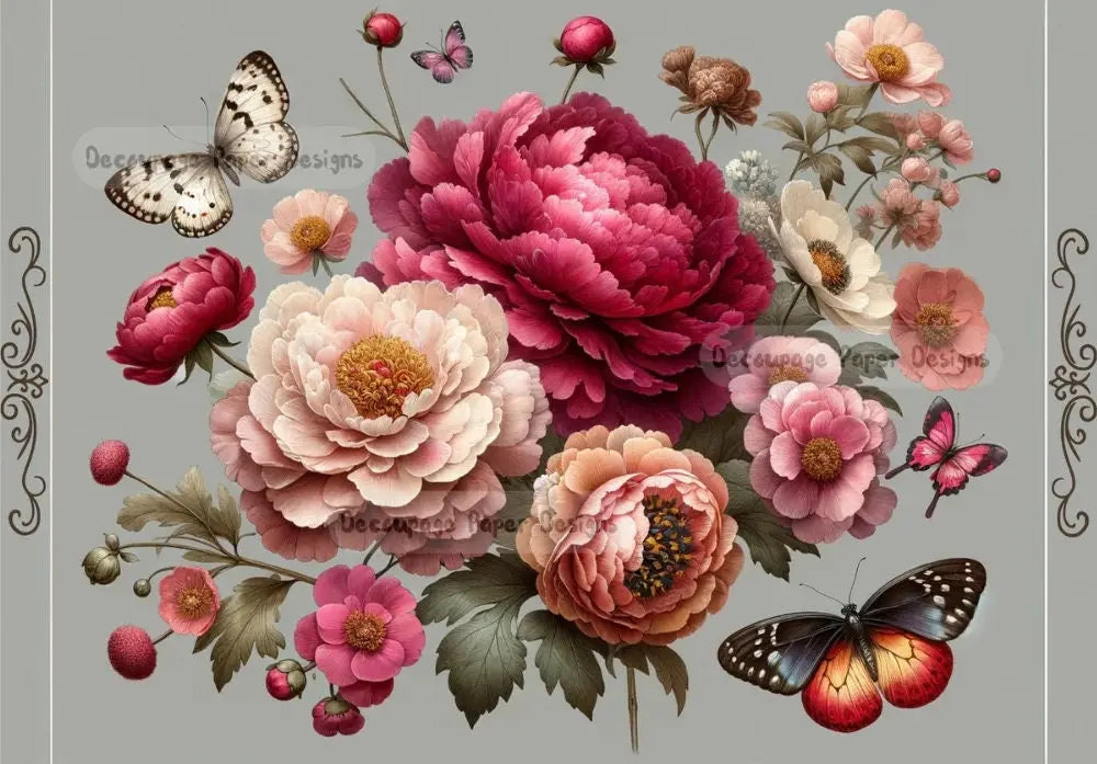 Decoupage Creatives, Rice Paper, Peony, Peonies, Butterflies, Flowers, Shabby Chic, Mixed Media, A4 8.27 X 11.69 DPD397 Decoupage Creatives