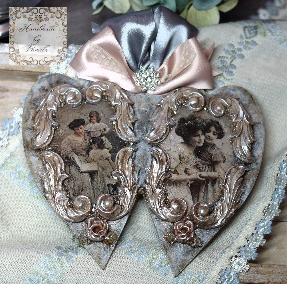 Handcrafted, Decoupage, Mothers Day, Double Heart Ornament, Nostalgic, Vintage, Mother, Daughter Portrait, Shabby Chic, Laser Cut MDF, Gift