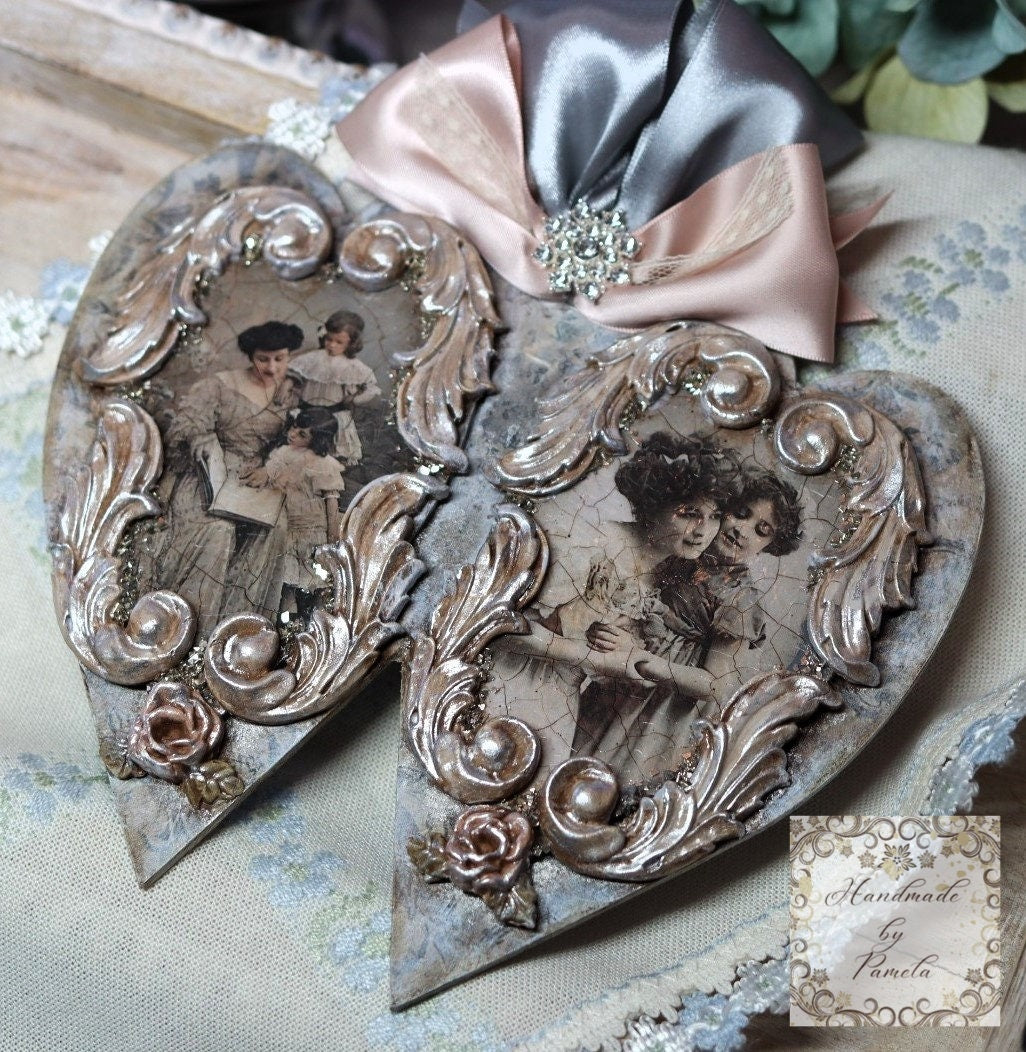 Handcrafted, Decoupage, Mothers Day, Double Heart Ornament, Nostalgic, Vintage, Mother, Daughter Portrait, Shabby Chic, Laser Cut MDF, Gift