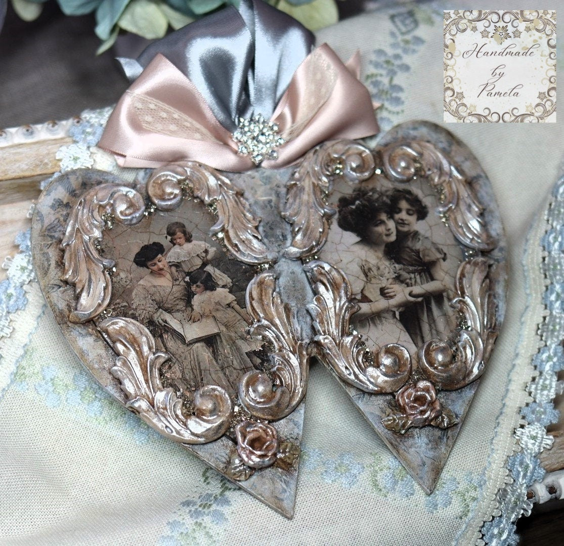 Handcrafted, Decoupage, Mothers Day, Double Heart Ornament, Nostalgic, Vintage, Mother, Daughter Portrait, Shabby Chic, Laser Cut MDF, Gift