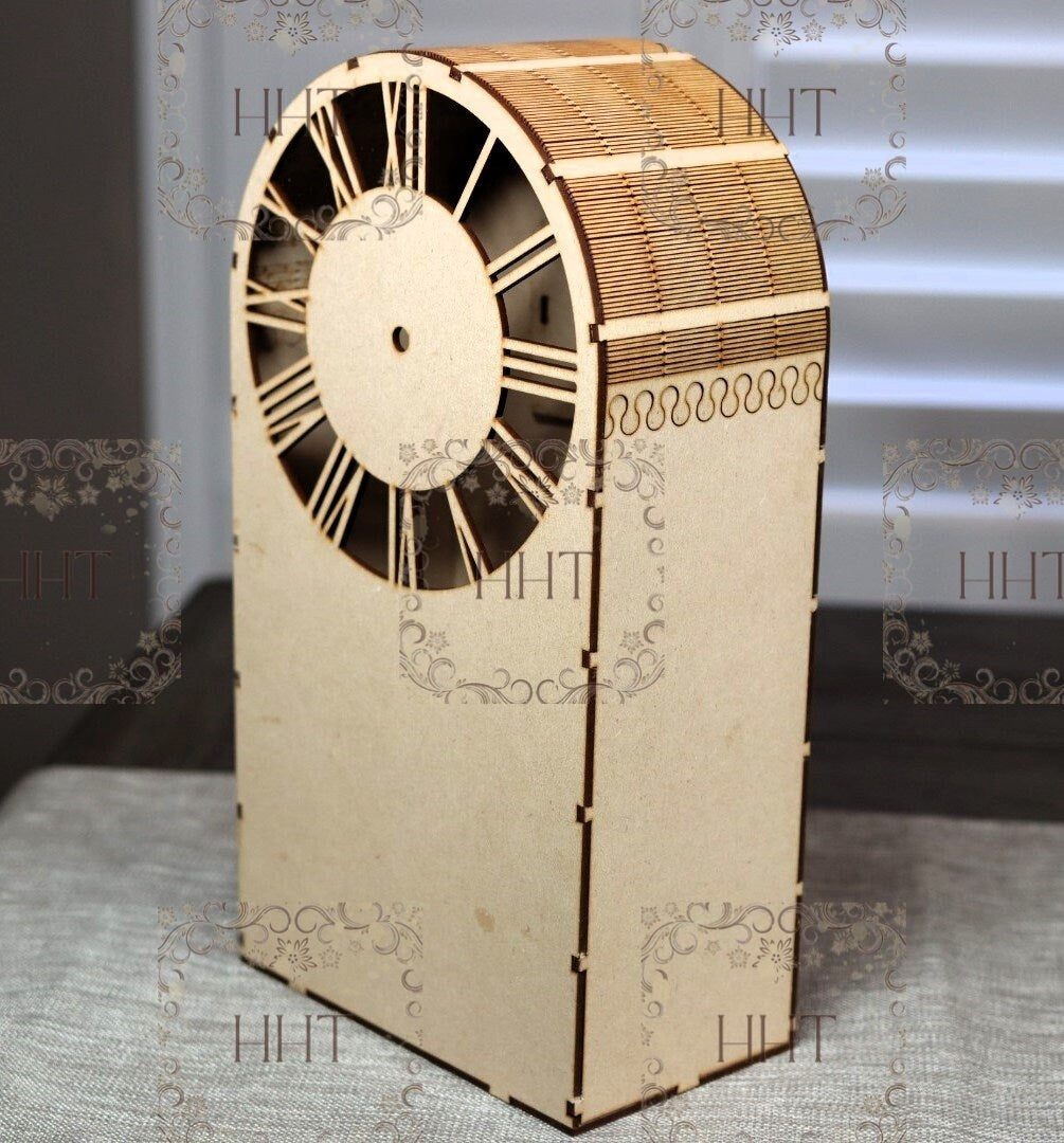 Laser Cut MDF, Mantle Clock, Buildable kit, Base, Blank, Canvas, Decoupage, Mixed Media, Paintable, Home Decor, 6 pc, 7.5" x 13.5" x 4.25"d