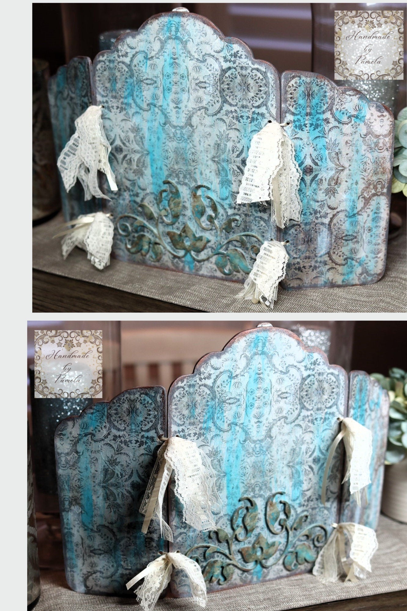 Handcrafted, Decoupage, Mixed Media, Vintage, Antique Style, Table Top Folding Screen, 3 piece Panel Art, Home Decor, Shabby Chic