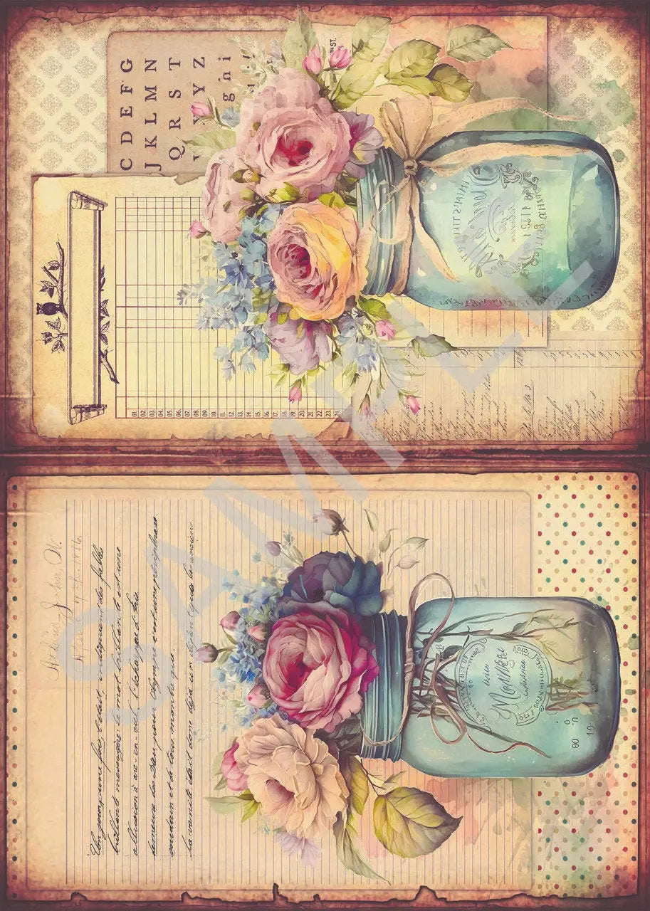 Calambour, Rice Paper, Italian Design, Peonies, Flowers, Mason Jar, 2 pack, 2024 Release, Shabby Chic, Vintage Style, T150, A4, 9 x 12.5 in Calambour
