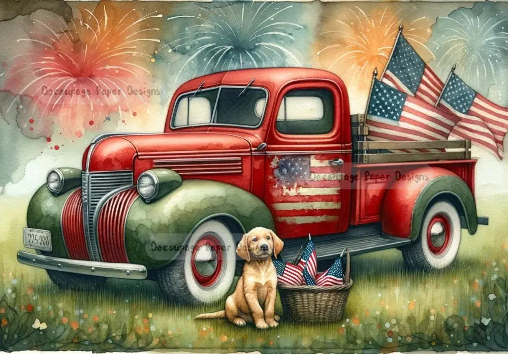 Decoupage Creatives, Rice Paper, Patriotic, Red Vintage Truck, Dog, Puppy, American Flags, Fire Works, Mixed Media, A4 8.27 X 11.69 DPD194 Decoupage Creatives