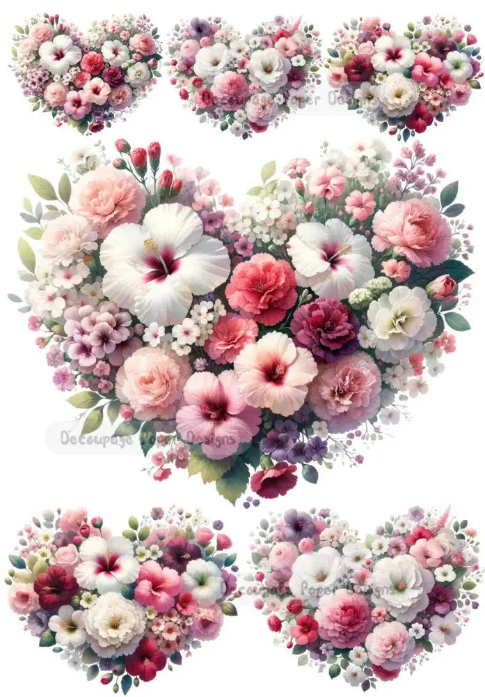 Decoupage Creatives, Rice Paper, Floral, Hearts, Pink, Red, Ornaments, Mixed Media, A4 8.27 X 11.69 DPD378 Decoupage Creatives